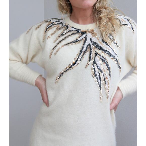 1990's Vintage Creamy Angora Beaded Winter Sweater Dress ~ Women's SM to LG 90's - Picture 2 of 10